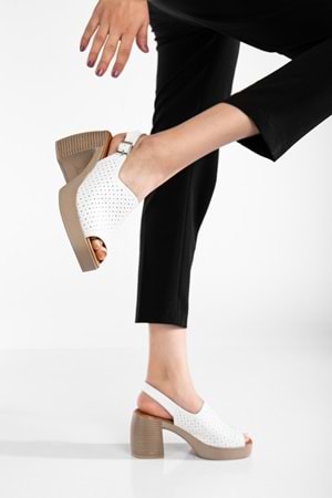 Kadın Hakiki Deri Kalın Topuklu Sandalet - Beyaz