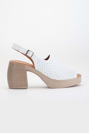 Kadın Hakiki Deri Kalın Topuklu Sandalet - Beyaz
