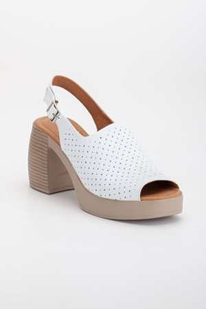 Kadın Hakiki Deri Kalın Topuklu Sandalet - Beyaz