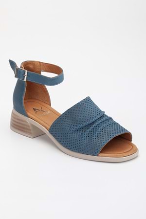 Kadın Hakiki Deri Kalın Bantlı Alçak Topuklu Sandalet - Kot Mavi