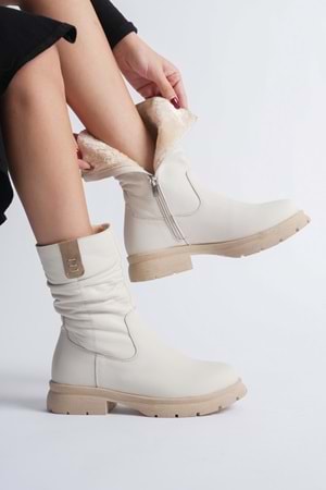 Kadın Hakiki Deri İçi Kürklü Körüklü Bot - Krem
