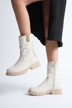 Kadın Hakiki Deri İçi Kürklü Körüklü Bot - Krem