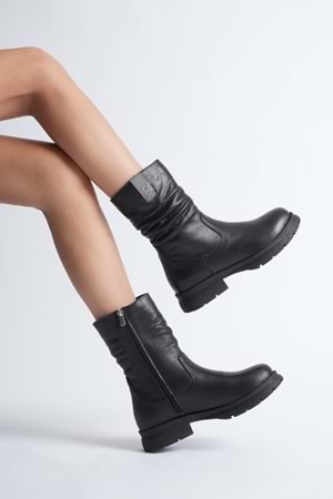 Kadın Hakiki Deri İçi Kürklü Körüklü Bot - Siyah