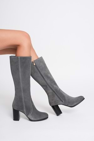 Kadın Hakiki Deri Topuklu Süet Çizme - Gri
