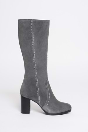 Kadın Hakiki Deri Topuklu Süet Çizme - Gri