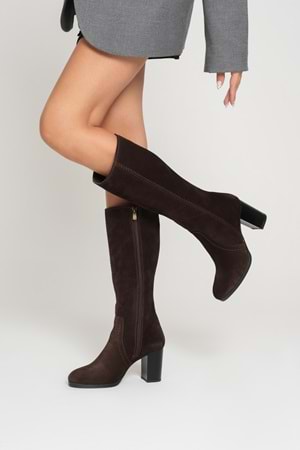 Kadın Hakiki Deri Topuklu Süet Çizme - Kahve
