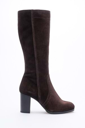 Kadın Hakiki Deri Topuklu Süet Çizme - Kahve