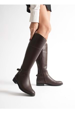 Kadın Hakiki Deri Tokalı Binici Çizme - Kahve