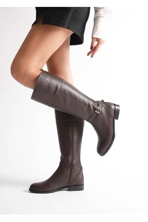 Kadın Hakiki Deri Tokalı Binici Çizme - Kahve