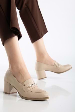Kadın Hakiki Deri Tokalı Şık Topuklu Ayakkabı - Bej