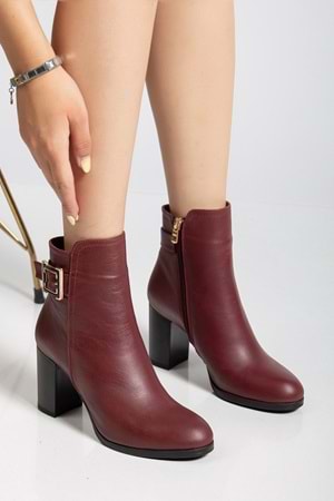 Kadın Hakiki Deri Tokalı Topuklu Bot - Bordo