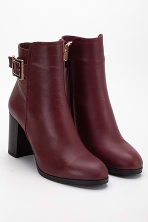 Kadın Hakiki Deri Tokalı Topuklu Bot - Bordo