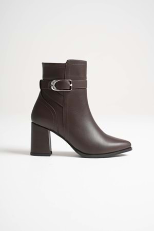 Kadın Hakiki Deri Tokalı Topuklu Bot - Kahve