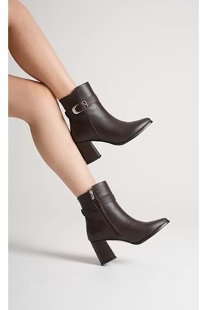 Kadın Hakiki Deri Tokalı Topuklu Bot - Kahve