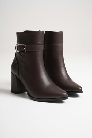 Kadın Hakiki Deri Tokalı Topuklu Bot - Kahve