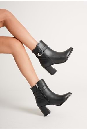 Kadın Hakiki Deri Tokalı Topuklu Bot - Siyah