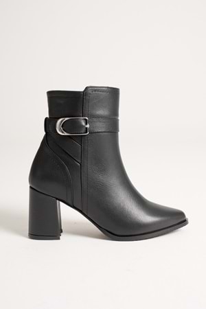 Kadın Hakiki Deri Tokalı Topuklu Bot - Siyah