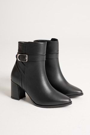 Kadın Hakiki Deri Tokalı Topuklu Bot - Siyah