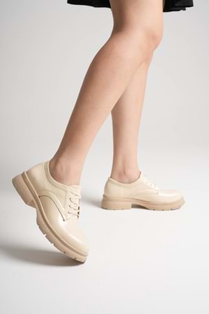 Kadın Hakiki Deri Bağcıklı Oxford Ayakkabı - Bej Rugan