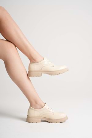 Kadın Hakiki Deri Bağcıklı Oxford Ayakkabı - Bej Rugan