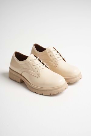 Kadın Hakiki Deri Bağcıklı Oxford Ayakkabı - Bej Rugan