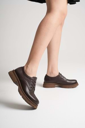 Kadın Hakiki Deri Bağcıklı Oxford Ayakkabı - Kahve