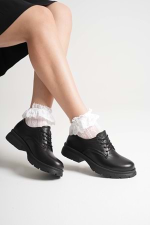 Kadın Hakiki Deri Bağcıklı Oxford Ayakkabı - Siyah