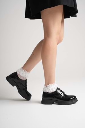 Kadın Hakiki Deri Bağcıklı Oxford Ayakkabı - Siyah Rugan