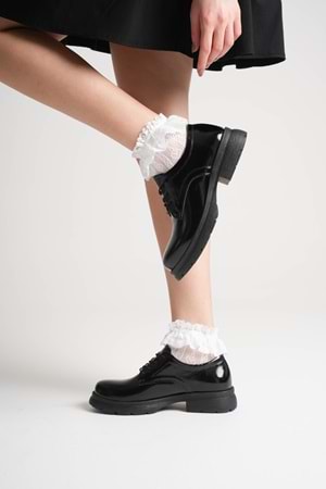 Kadın Hakiki Deri Bağcıklı Oxford Ayakkabı - Siyah Rugan