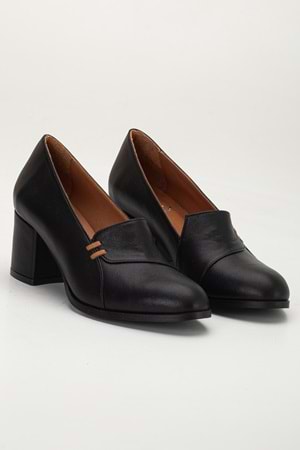 Kadın Hakiki Deri Biyeli Topuklu Ayakkabı - Siyah