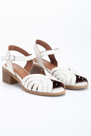 Kadın Hakiki Deri Bilekten Bağlı Sandalet - Krem