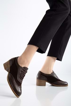 Kadın Hakiki Deri Topuklu Oxford Ayakkabı - Kahve