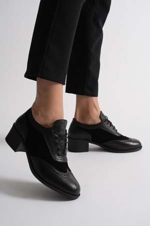 Kadın Hakiki Deri Topuklu Oxford Ayakkabı - Siyah