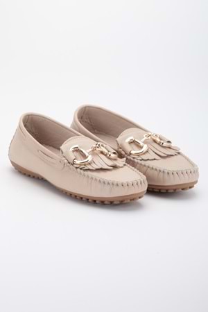 Kadın Hakiki Deri Tokalı Klasik Loafer - Bej