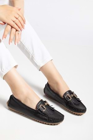 Kadın Hakiki Deri Tokalı Klasik Loafer - Siyah