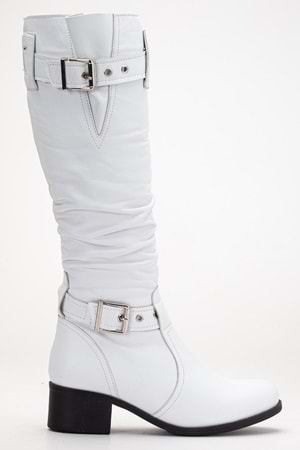 Kadın Hakiki Deri Körüklü Ayarlanabilir Tokalı Çizme - Beyaz