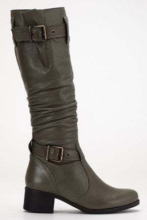 Kadın Hakiki Deri Körüklü Ayarlanabilir Tokalı Çizme - Yeşil