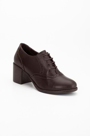 Kadın Hakiki Deri Bağcıklı Klasik Topuklu Ayakkabı - Acı Kahve