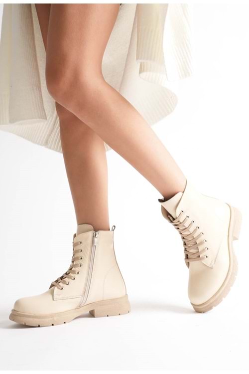 Kadın Hakiki Deri Bağcıklı Fermuarlı Rahat Postal Bot - Bej Rugan