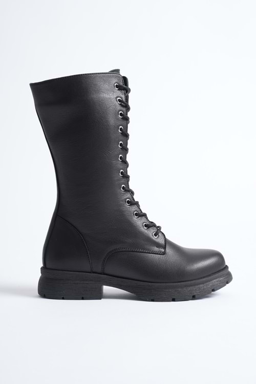 Kadın Hakiki Deri Fermuarlı Bağcıklı Postal Bot - Siyah