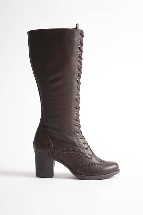 Kadın Hakiki Deri Bağcıklı Topuklu Çizme - Kahve