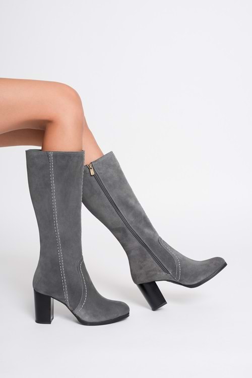 Kadın Hakiki Deri Topuklu Süet Çizme - Gri