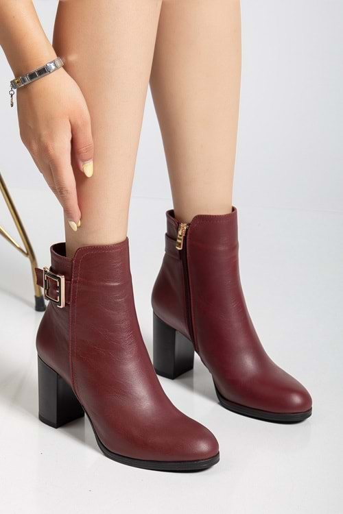 Kadın Hakiki Deri Tokalı Topuklu Bot - Bordo