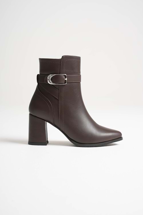 Kadın Hakiki Deri Tokalı Topuklu Bot - Kahve