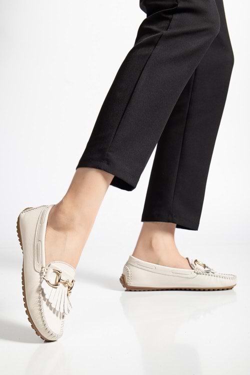 Kadın Hakiki Deri Tokalı Klasik Loafer - Krem