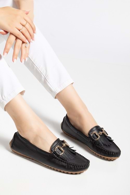 Kadın Hakiki Deri Tokalı Klasik Loafer - Siyah
