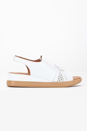 Kadın Hakiki Deri Lastikli Sandalet - Beyaz