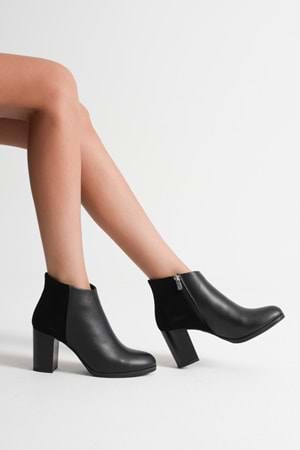 Kadın Hakiki Deri Arkası Süet Detaylı Topuklu Bot - Siyah