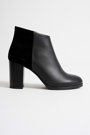 Kadın Hakiki Deri Arkası Süet Detaylı Topuklu Bot - Siyah