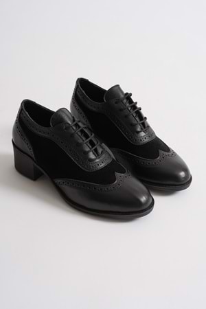 Kadın Hakiki Deri Topuklu Oxford Ayakkabı - Siyah
